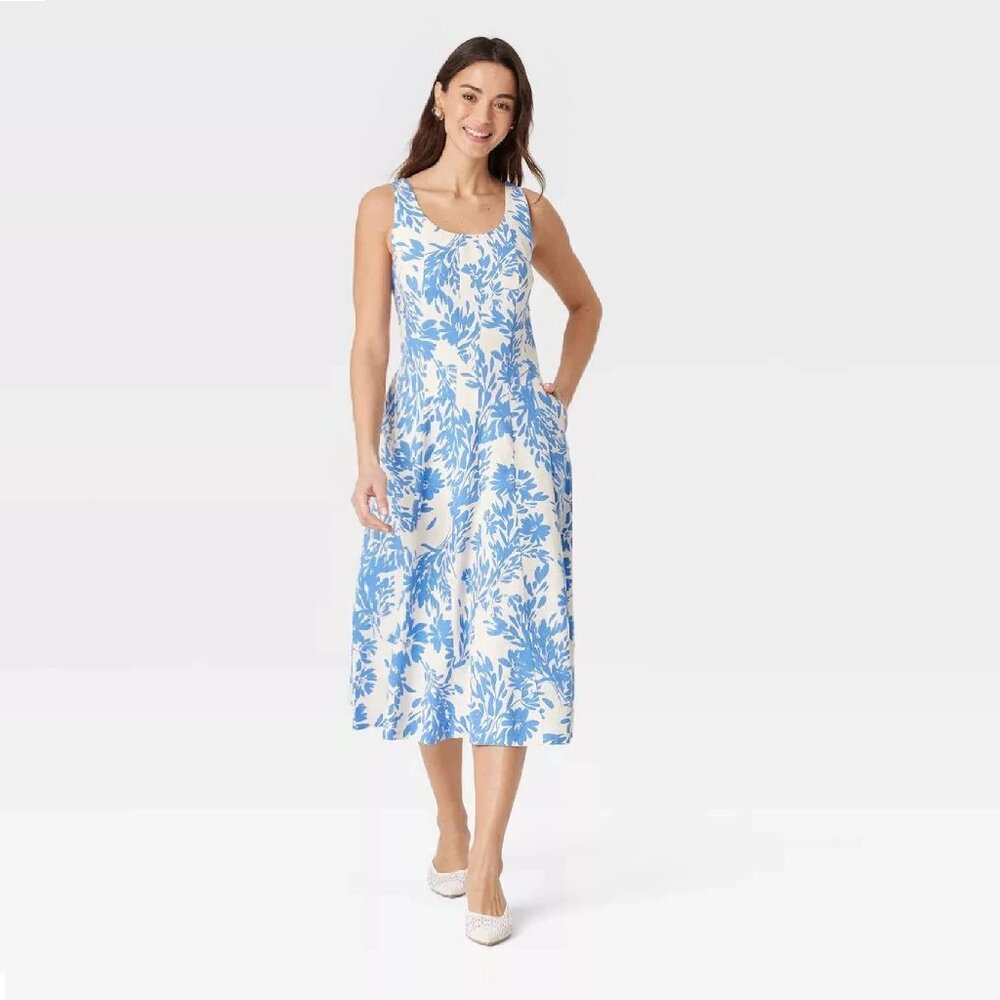 nwt Size 22 “A New Day” Women's Corset Midi A-Line Floral Dress in BLUE + WHITE - Picture 3 of 4